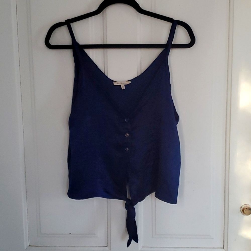 Silky Navy Cozy Casual Tie Front Tank